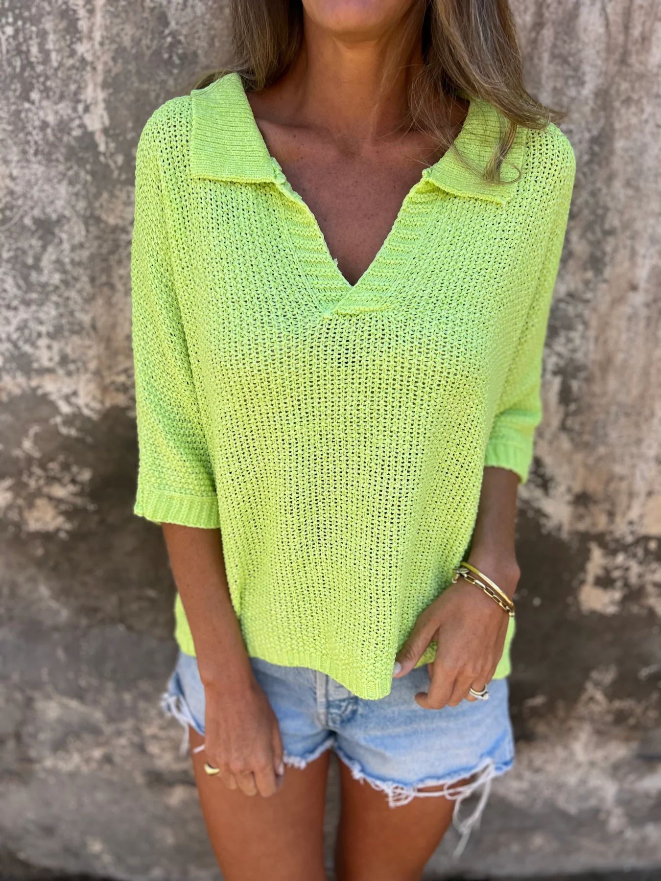 Pull en maille à col à revers européen et américain, manches trois-quarts, uni, pour femme.