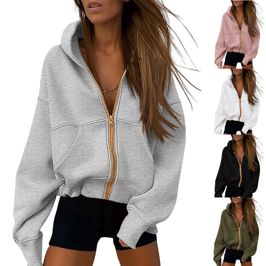 Sweat à capuche zippé pour femme, manches longues et poches.