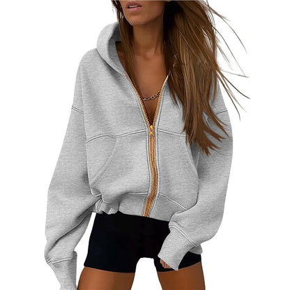 Damen-Hoodie mit Reißverschluss, langen Ärmeln und Taschen.
