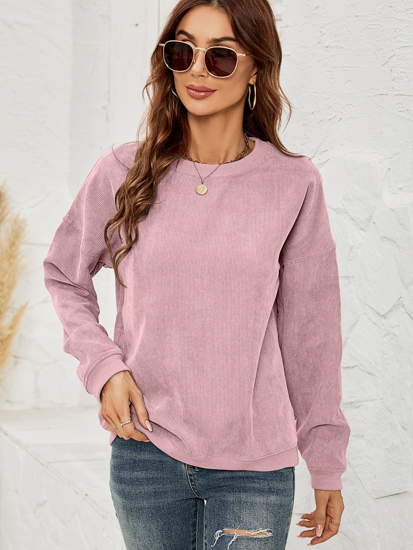 Sweat en velours côtelé, col rond, manches longues, femme.