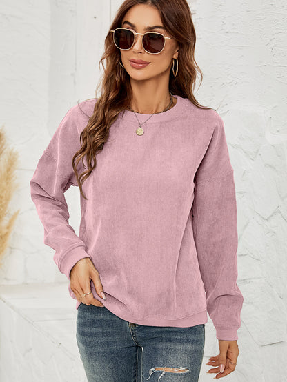 Sweat en velours côtelé, col rond, manches longues, femme.