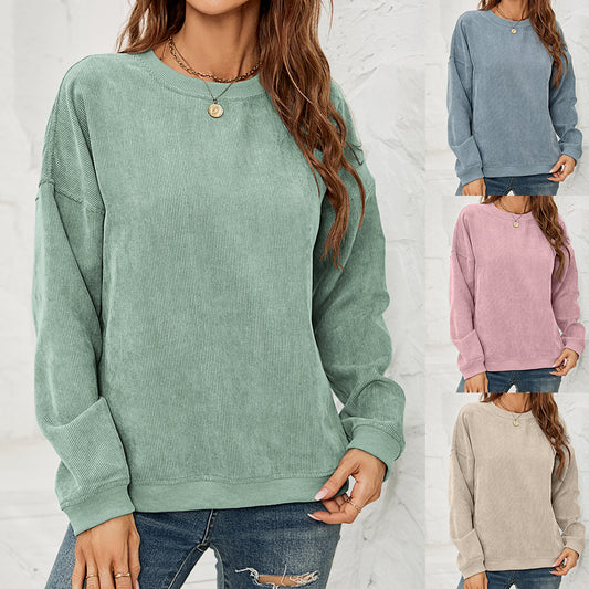 Sweat en velours côtelé, col rond, manches longues, femme.